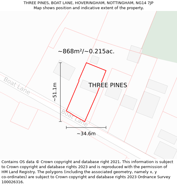 THREE PINES, BOAT LANE, HOVERINGHAM, NOTTINGHAM, NG14 7JP: Plot and title map