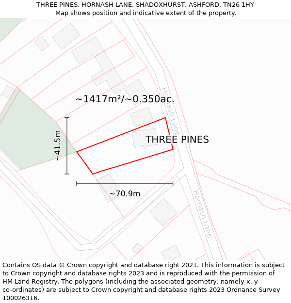 THREE PINES, HORNASH LANE, SHADOXHURST, ASHFORD, TN26 1HY: Plot and title map