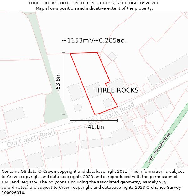 THREE ROCKS, OLD COACH ROAD, CROSS, AXBRIDGE, BS26 2EE: Plot and title map