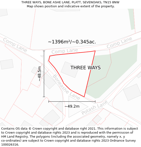 THREE WAYS, BONE ASHE LANE, PLATT, SEVENOAKS, TN15 8NW: Plot and title map