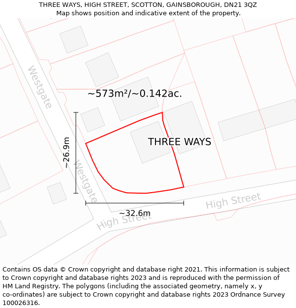 THREE WAYS, HIGH STREET, SCOTTON, GAINSBOROUGH, DN21 3QZ: Plot and title map