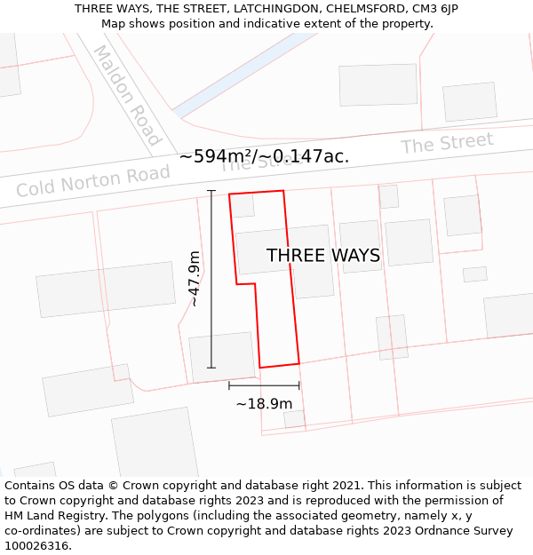 THREE WAYS, THE STREET, LATCHINGDON, CHELMSFORD, CM3 6JP: Plot and title map