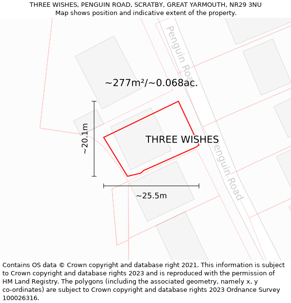 THREE WISHES, PENGUIN ROAD, SCRATBY, GREAT YARMOUTH, NR29 3NU: Plot and title map