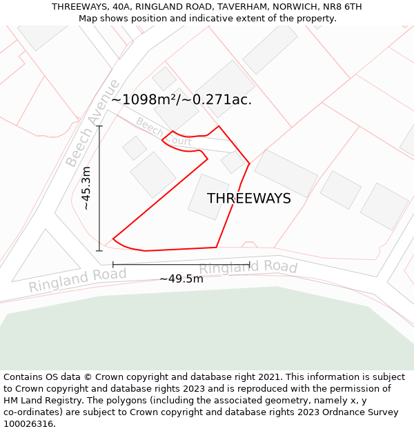 THREEWAYS, 40A, RINGLAND ROAD, TAVERHAM, NORWICH, NR8 6TH: Plot and title map