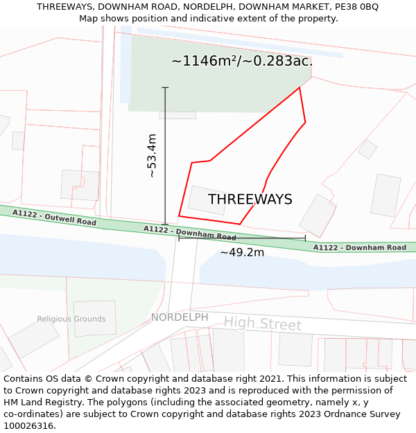 THREEWAYS, DOWNHAM ROAD, NORDELPH, DOWNHAM MARKET, PE38 0BQ: Plot and title map