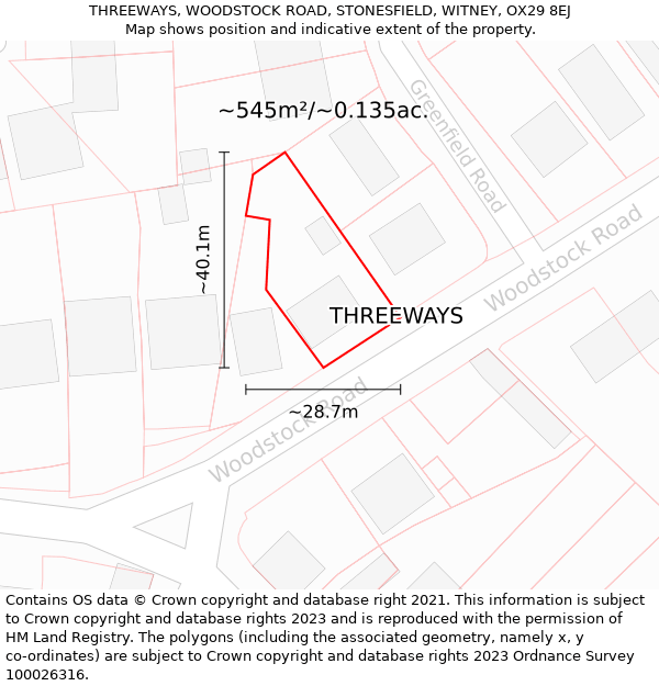 THREEWAYS, WOODSTOCK ROAD, STONESFIELD, WITNEY, OX29 8EJ: Plot and title map