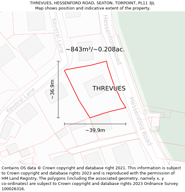 THREVUES, HESSENFORD ROAD, SEATON, TORPOINT, PL11 3JL: Plot and title map