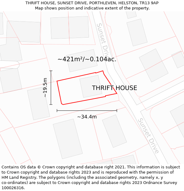 THRIFT HOUSE, SUNSET DRIVE, PORTHLEVEN, HELSTON, TR13 9AP: Plot and title map