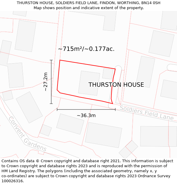 THURSTON HOUSE, SOLDIERS FIELD LANE, FINDON, WORTHING, BN14 0SH: Plot and title map