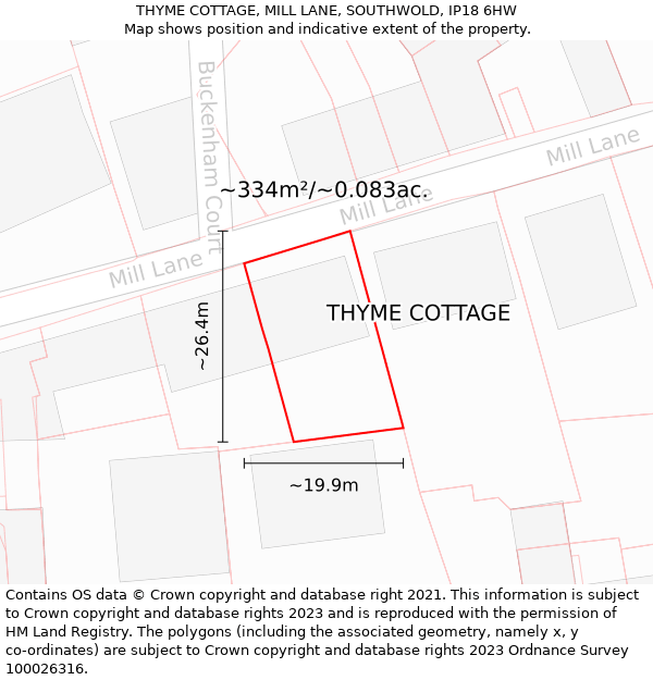 THYME COTTAGE, MILL LANE, SOUTHWOLD, IP18 6HW: Plot and title map