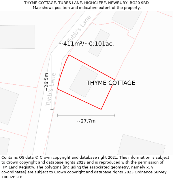THYME COTTAGE, TUBBS LANE, HIGHCLERE, NEWBURY, RG20 9RD: Plot and title map
