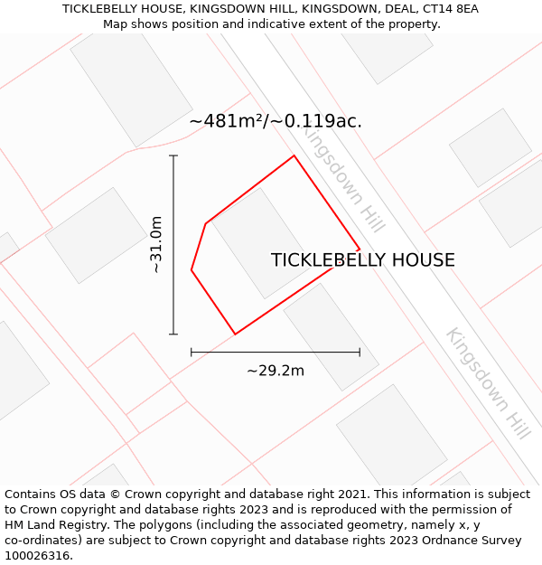 TICKLEBELLY HOUSE, KINGSDOWN HILL, KINGSDOWN, DEAL, CT14 8EA: Plot and title map