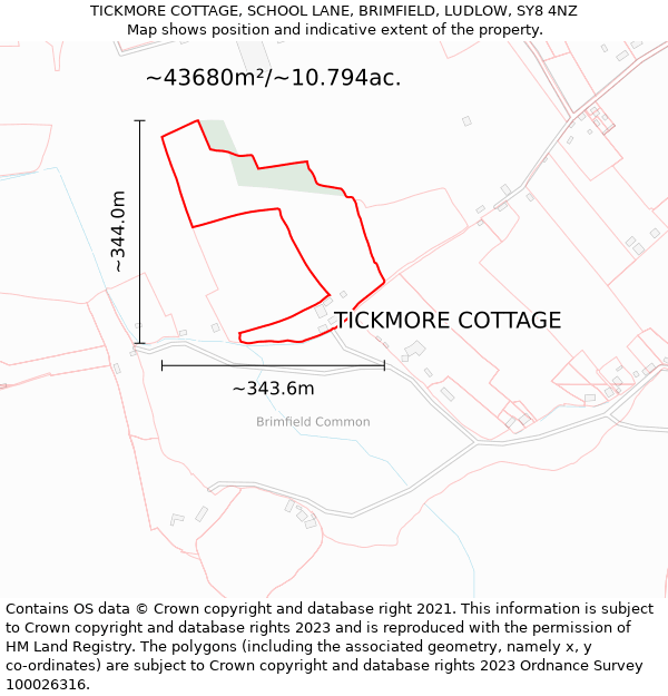 TICKMORE COTTAGE, SCHOOL LANE, BRIMFIELD, LUDLOW, SY8 4NZ: Plot and title map