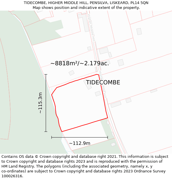 TIDECOMBE, HIGHER MIDDLE HILL, PENSILVA, LISKEARD, PL14 5QN: Plot and title map