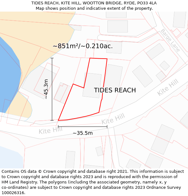 TIDES REACH, KITE HILL, WOOTTON BRIDGE, RYDE, PO33 4LA: Plot and title map