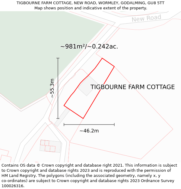 TIGBOURNE FARM COTTAGE, NEW ROAD, WORMLEY, GODALMING, GU8 5TT: Plot and title map