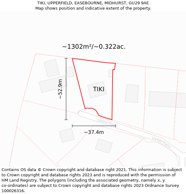 TIKI, UPPERFIELD, EASEBOURNE, MIDHURST, GU29 9AE: Plot and title map