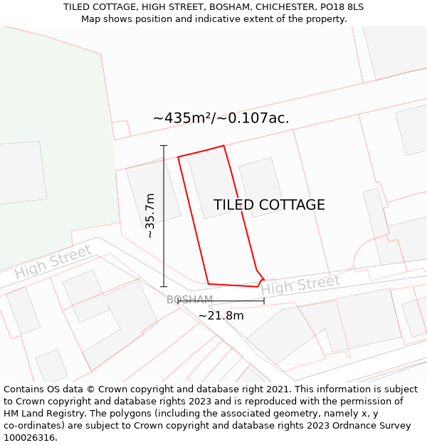 TILED COTTAGE, HIGH STREET, BOSHAM, CHICHESTER, PO18 8LS: Plot and title map
