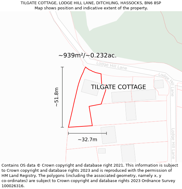 TILGATE COTTAGE, LODGE HILL LANE, DITCHLING, HASSOCKS, BN6 8SP: Plot and title map