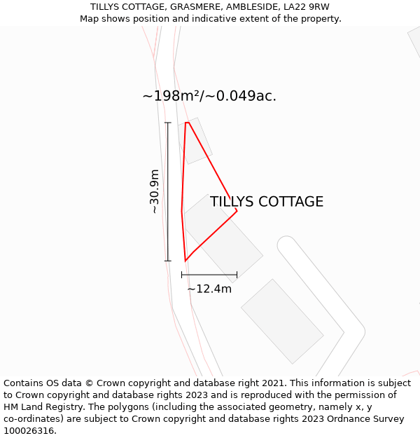 TILLYS COTTAGE, GRASMERE, AMBLESIDE, LA22 9RW: Plot and title map