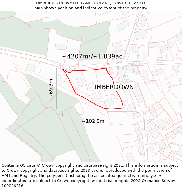TIMBERDOWN, WATER LANE, GOLANT, FOWEY, PL23 1LF: Plot and title map