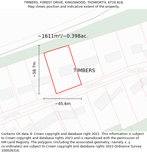 TIMBERS, FOREST DRIVE, KINGSWOOD, TADWORTH, KT20 6LN: Plot and title map