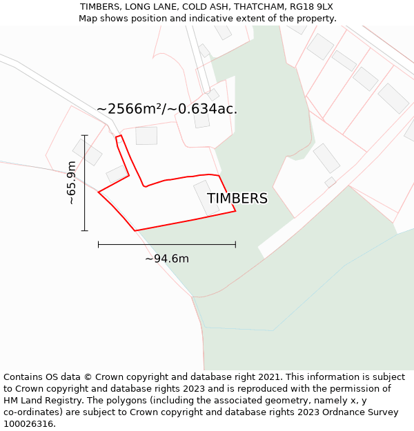 TIMBERS, LONG LANE, COLD ASH, THATCHAM, RG18 9LX: Plot and title map