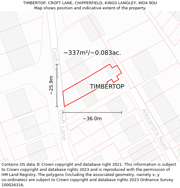 TIMBERTOP, CROFT LANE, CHIPPERFIELD, KINGS LANGLEY, WD4 9DU: Plot and title map