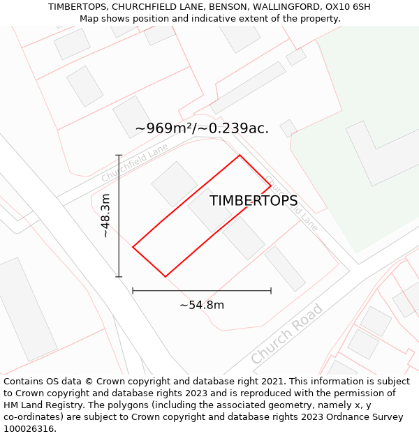 TIMBERTOPS, CHURCHFIELD LANE, BENSON, WALLINGFORD, OX10 6SH: Plot and title map