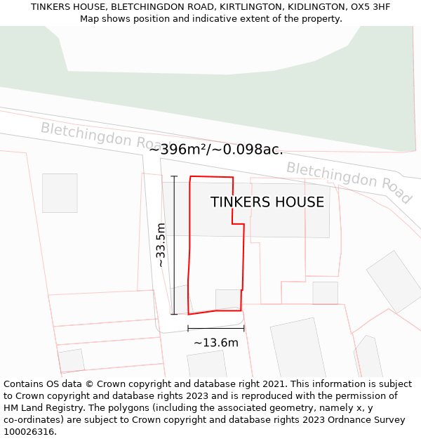 TINKERS HOUSE, BLETCHINGDON ROAD, KIRTLINGTON, KIDLINGTON, OX5 3HF: Plot and title map