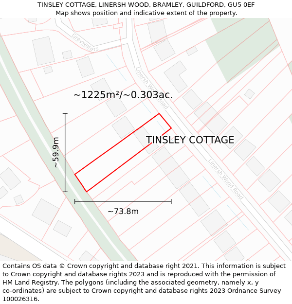 TINSLEY COTTAGE, LINERSH WOOD, BRAMLEY, GUILDFORD, GU5 0EF: Plot and title map