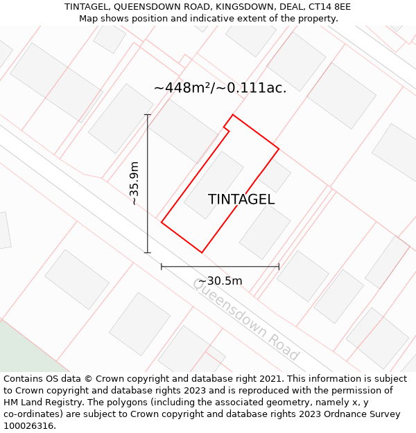 TINTAGEL, QUEENSDOWN ROAD, KINGSDOWN, DEAL, CT14 8EE: Plot and title map