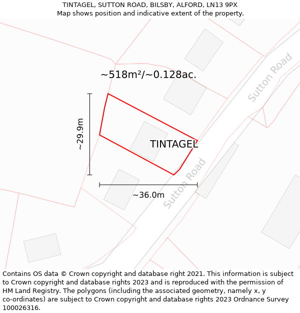 TINTAGEL, SUTTON ROAD, BILSBY, ALFORD, LN13 9PX: Plot and title map