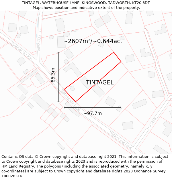 TINTAGEL, WATERHOUSE LANE, KINGSWOOD, TADWORTH, KT20 6DT: Plot and title map