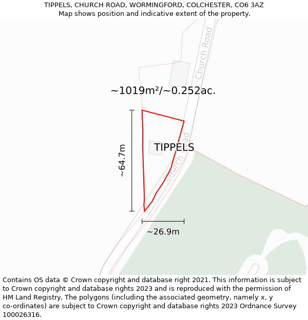 TIPPELS, CHURCH ROAD, WORMINGFORD, COLCHESTER, CO6 3AZ: Plot and title map
