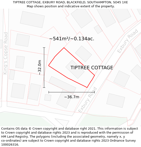 TIPTREE COTTAGE, EXBURY ROAD, BLACKFIELD, SOUTHAMPTON, SO45 1XE: Plot and title map