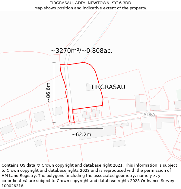 TIRGRASAU, ADFA, NEWTOWN, SY16 3DD: Plot and title map