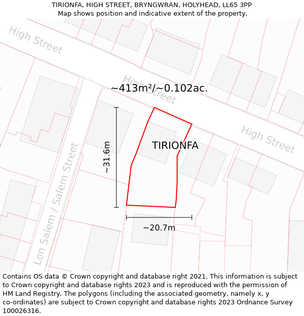 TIRIONFA, HIGH STREET, BRYNGWRAN, HOLYHEAD, LL65 3PP: Plot and title map