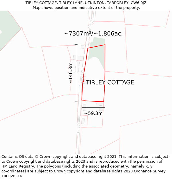 TIRLEY COTTAGE, TIRLEY LANE, UTKINTON, TARPORLEY, CW6 0JZ: Plot and title map
