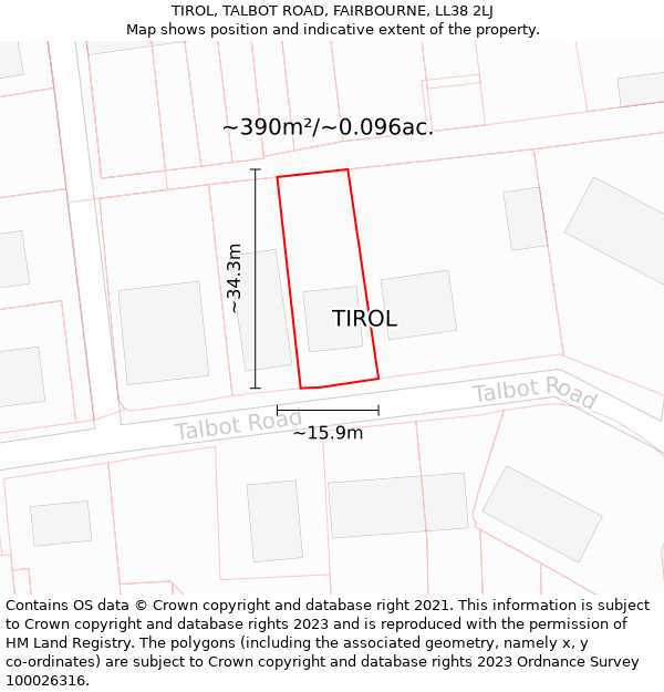 TIROL, TALBOT ROAD, FAIRBOURNE, LL38 2LJ: Plot and title map