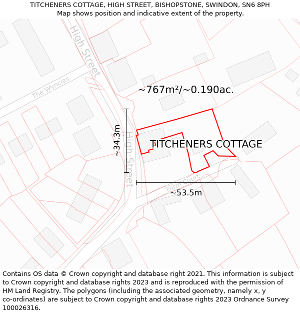 TITCHENERS COTTAGE, HIGH STREET, BISHOPSTONE, SWINDON, SN6 8PH: Plot and title map