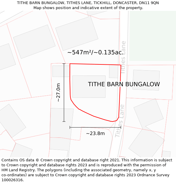 TITHE BARN BUNGALOW, TITHES LANE, TICKHILL, DONCASTER, DN11 9QN: Plot and title map