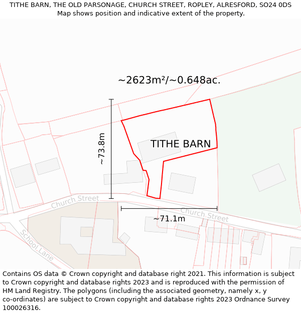 TITHE BARN, THE OLD PARSONAGE, CHURCH STREET, ROPLEY, ALRESFORD, SO24 0DS: Plot and title map