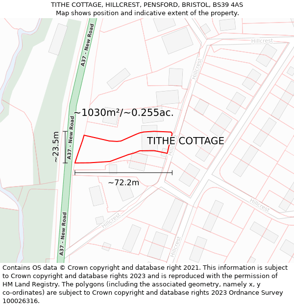 TITHE COTTAGE, HILLCREST, PENSFORD, BRISTOL, BS39 4AS: Plot and title map