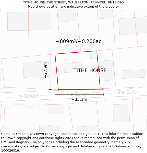 TITHE HOUSE, THE STREET, WALBERTON, ARUNDEL, BN18 0PQ: Plot and title map