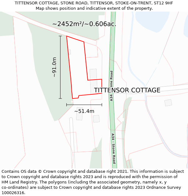 TITTENSOR COTTAGE, STONE ROAD, TITTENSOR, STOKE-ON-TRENT, ST12 9HF: Plot and title map