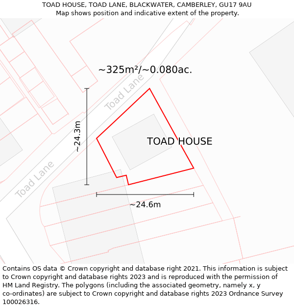 TOAD HOUSE, TOAD LANE, BLACKWATER, CAMBERLEY, GU17 9AU: Plot and title map