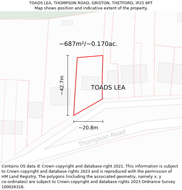 TOADS LEA, THOMPSON ROAD, GRISTON, THETFORD, IP25 6PT: Plot and title map