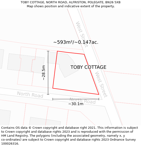 TOBY COTTAGE, NORTH ROAD, ALFRISTON, POLEGATE, BN26 5XB: Plot and title map