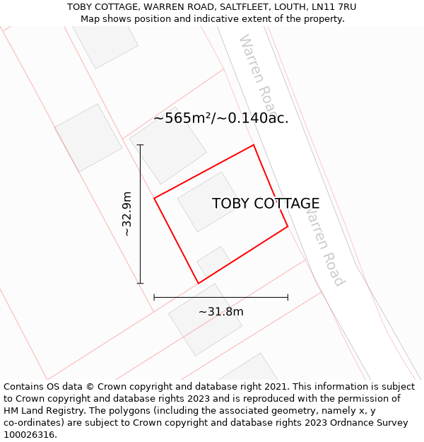 TOBY COTTAGE, WARREN ROAD, SALTFLEET, LOUTH, LN11 7RU: Plot and title map